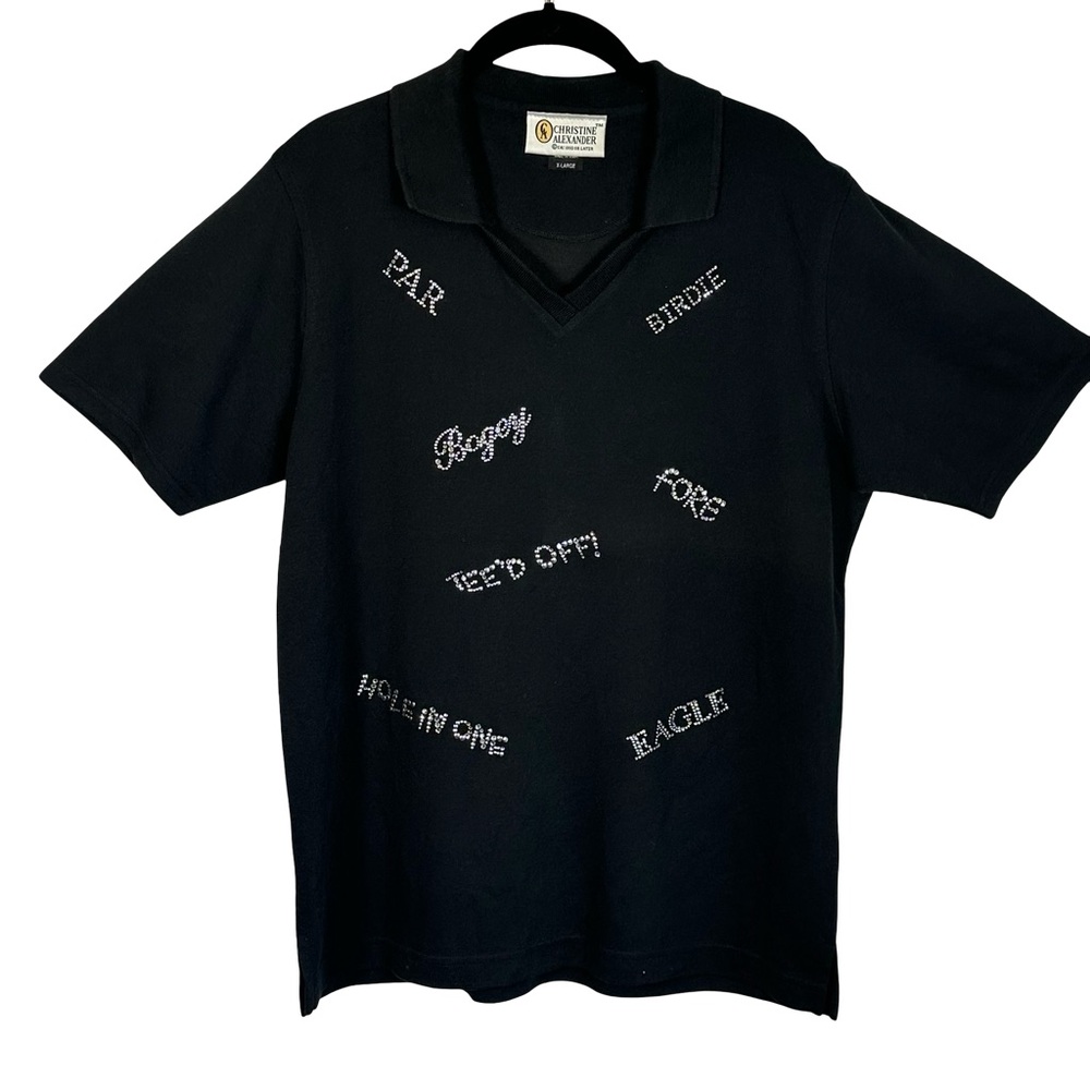 Christine Alexander Black Short Sleeve Novelty Golf Polo Shirt Tee Tunic Size XL